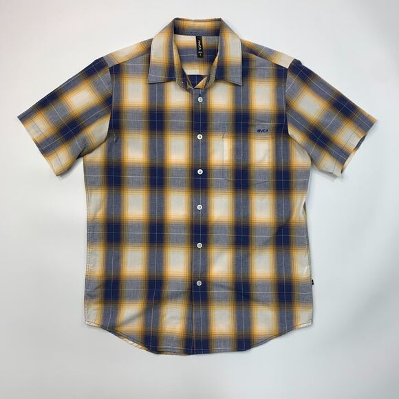 RVCA Shirt Mens S Small Yellow Blue Plaid Button Up Short Sleeve Drop Cut Pocket - Picture 2 of 12